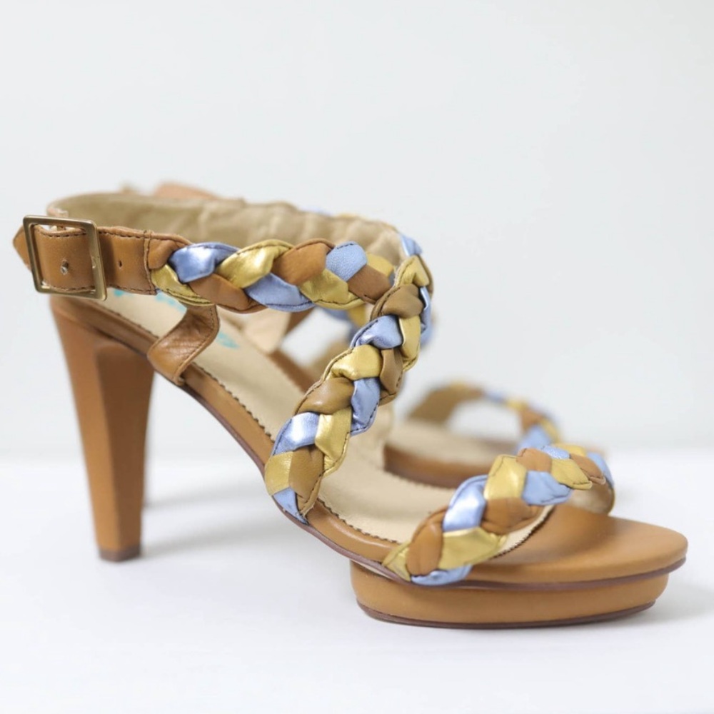 Farylrobin Tan and Gold Braided Heels